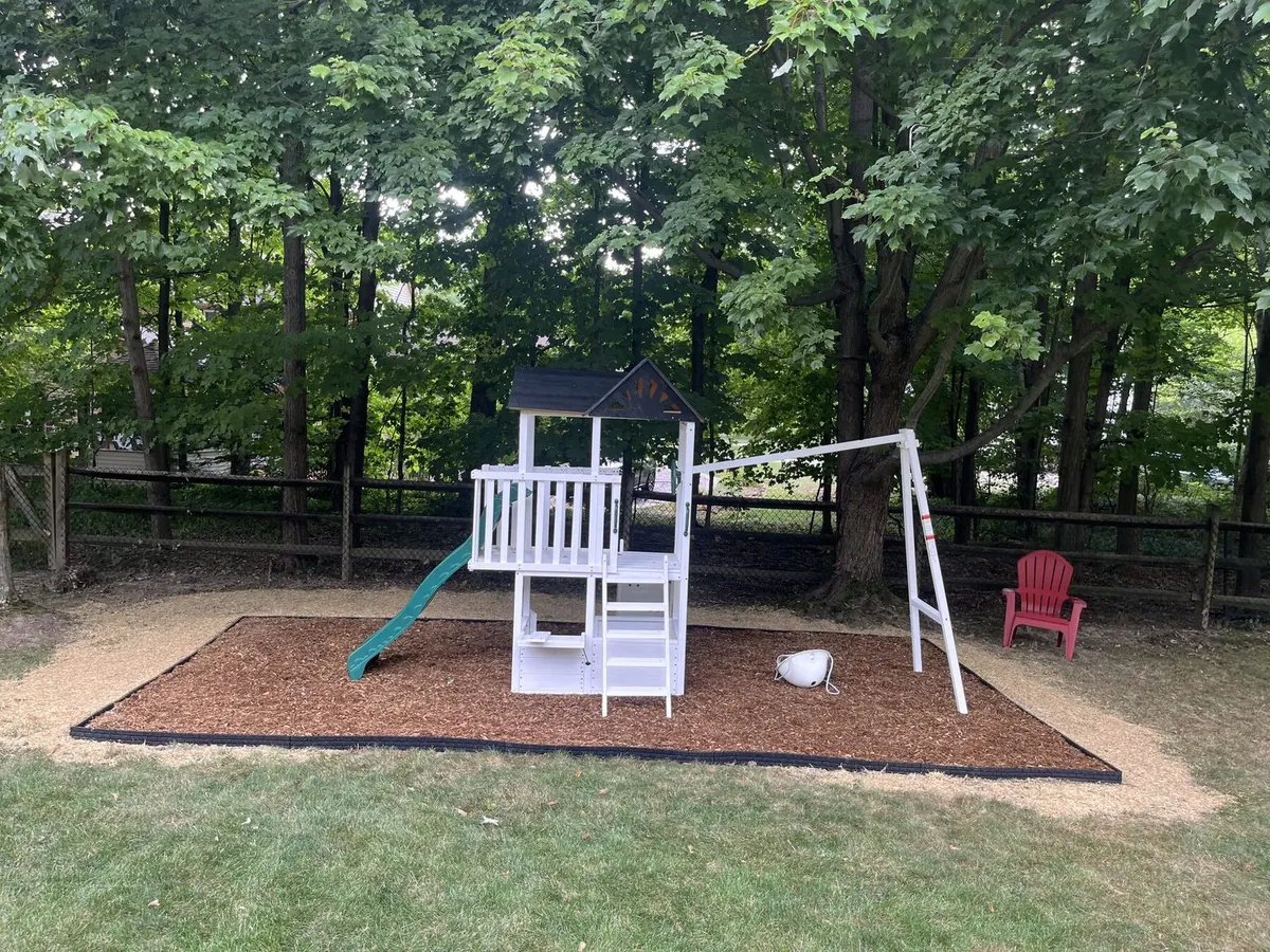 Swing set in mulched area